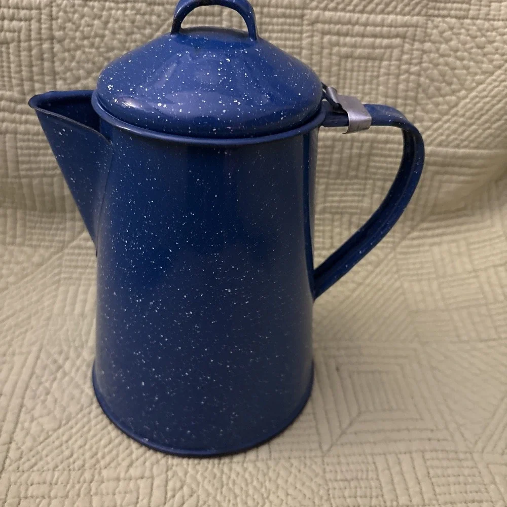 Vintage Enamel Ware Blue White Speckled Camping/Cowboy Coffee Pot Kettle 8